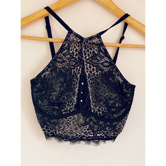 Victorias Secret Very Sexy Unlined Black Plunge Lace Halter Long Line Bra 32C - Picture 2 of 10